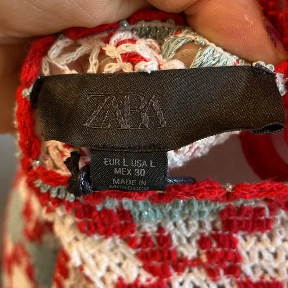 New Zara Red and White Crochet Halter Dress GEOMETRIC PRINT KNIT HALTER Size L - Picture 2 of 8